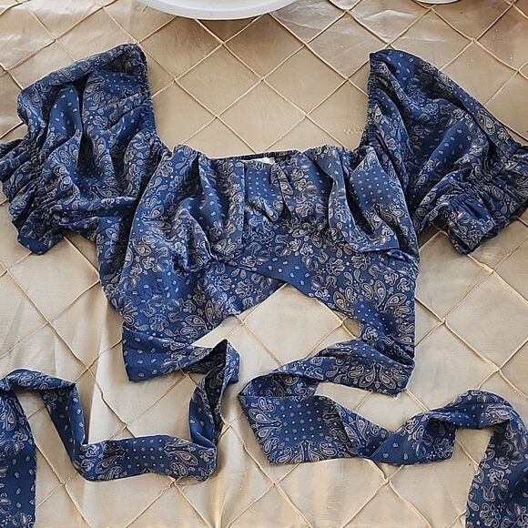 Euro Summer Puffed Ruffle Sleeve Tie Front Cropped Bandeau Shirred Top - Picture 1 of 9